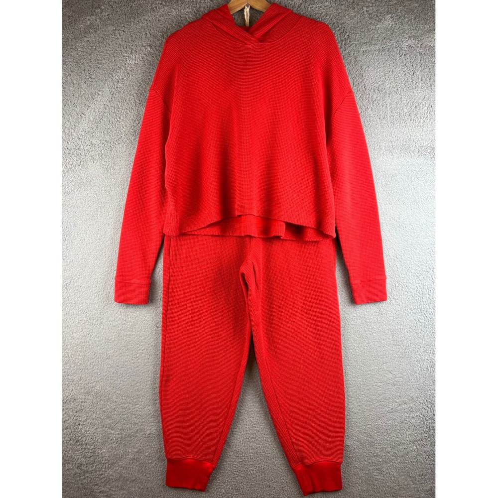 Athleta Red Waffle Knit Lounge Set Cropped Hoodie and Joggers Size M - Picture 2 of 16